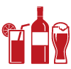 Red outline three drinks, lemonade glass, wine bottle, pint of beer