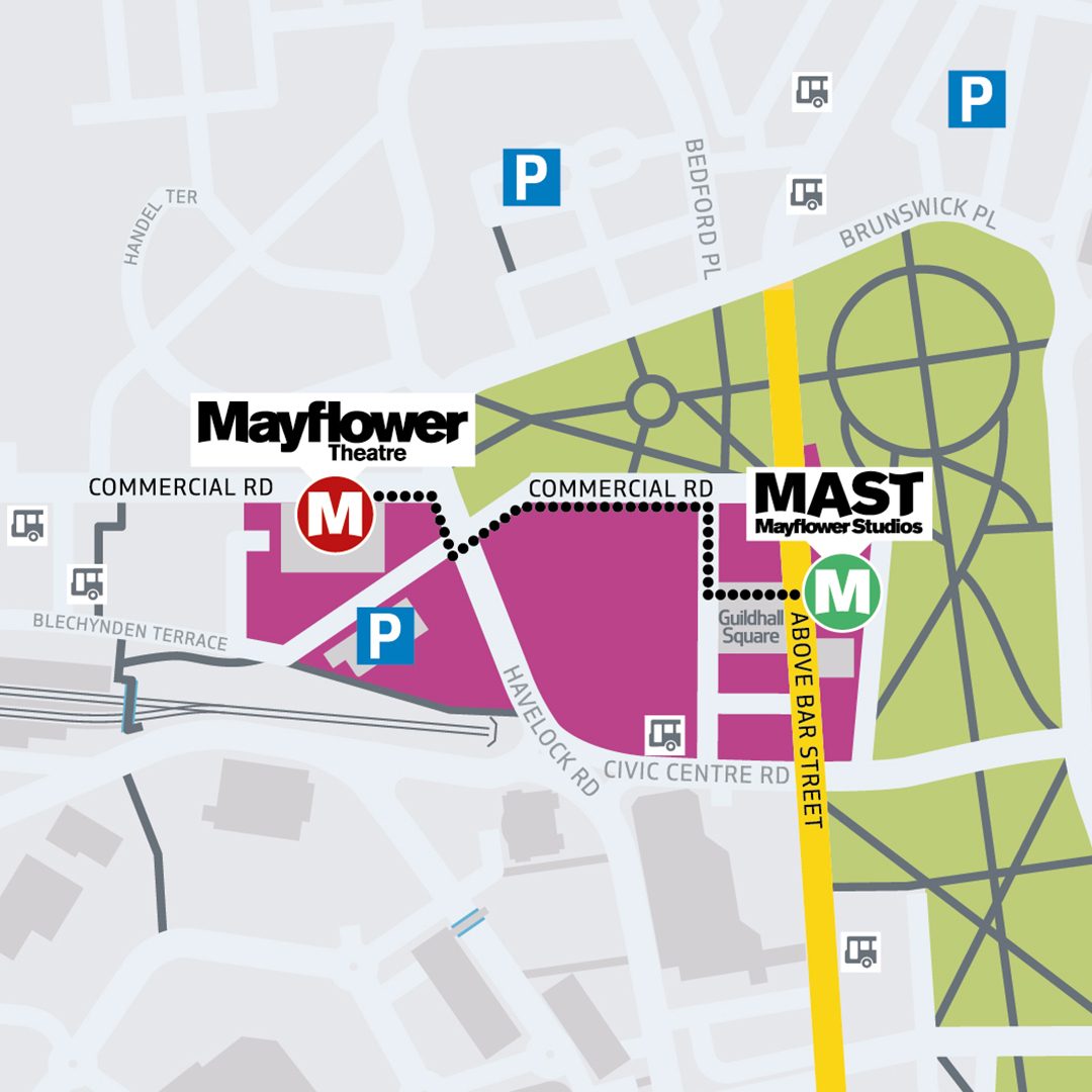 Map showing the walking route between Mayflower Theatre on Commercial Road and MAST Mayflower Studios on Above Bar Street