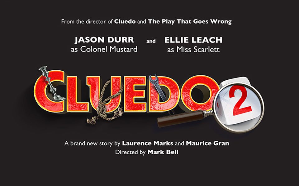 Title treatment. Glossy red block letters Cluedo 2, with a candlestick, rope and spanner entwined.