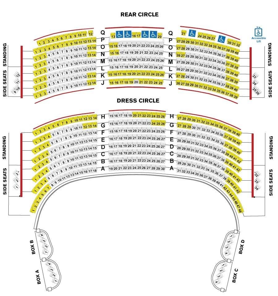 Diagram of Mayflower Theatre Circle seating, with sections highlighted in yellow and red.