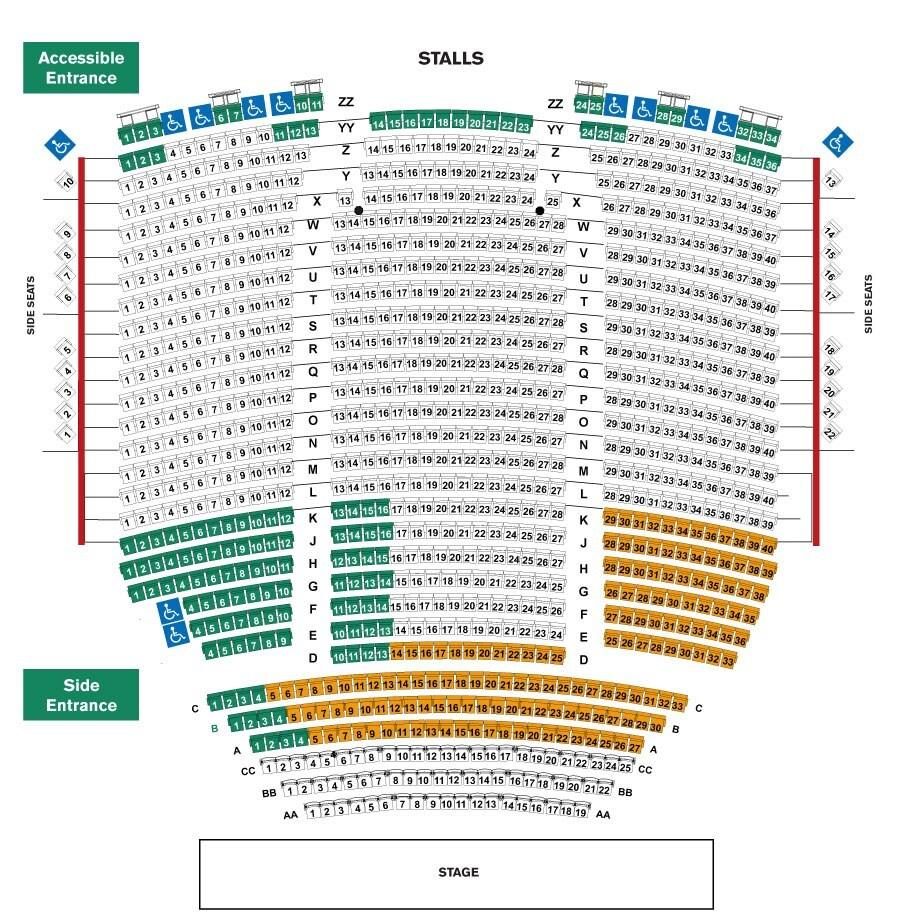 Diagram of Mayflower Theatre stalls seating, with sections highlighted in green and yellow.