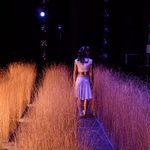 A figure walks between rows of tall grass on stage