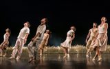 Seven dancers cross feet and lean back slightly, looking up. Long grass behind them.