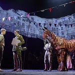 Lieutenant Nicholls (Chris Williams) and Albert Narracott (Tom Sturgess) talk as horse Joey (puppeteers Tea Poldervaart, Robin Hawyward, Gun Suen) stands in the background.