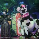 Mrs Bluderbore (Anne Smith) in black dress and feathered hat, leads the pantomime cow by the lead past giant bottles of ketchup and Bloodweise The Fear Beer 'When you're out of blood, your out of luck'