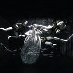 Large black and white projections across the stage of people swimming