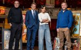 Peter James, George Rainsford, Fiona Wade and Peter Ash in theatre surrounded by paintings