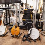 Two banjos and a mandolin on stands with cases behind them