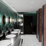 Artist impression of the refurbished ladies toilets, with a green and dark wood design