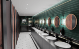 Artist impression of the refurbished ladies toilets, with a green and dark wood design
