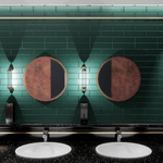 Artist impression of the refurbished ladies toilets, with a green and dark wood design